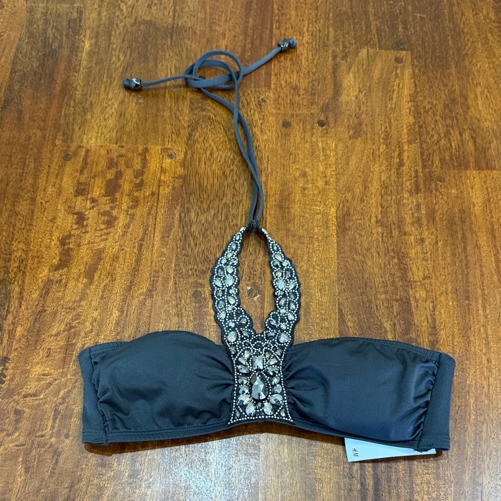 Y2K NWT H&M Dark Gray Beaded Halter Bikini Top Size 8